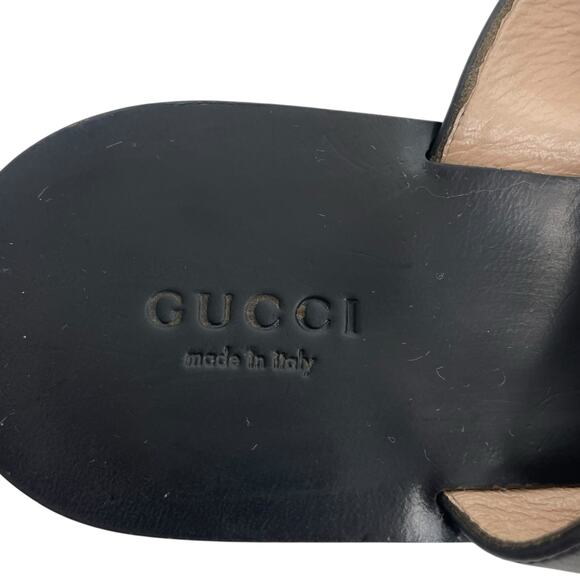 Gucci Black Leather Thong Sandals Gold Double G Logo Size 37 - Picture 12 of 13